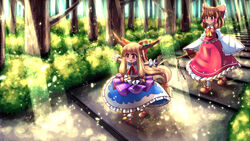  2girls ascot belt blonde_hair bow brown_eyes brown_hair commentary dappled_sunlight detached_sleeves forest gohei hairbow hakurei_reimu horn_ornament horn_ribbon horns ibuki_suika layered_skirt light_rays long_hair low-tied_long_hair meowpoo multiple_girls nature open_mouth outdoors outstretched_arms path red_eyes ribbon road shirt sidelocks skirt skirt_set sleeveless sleeveless_shirt smile spread_arms sunbeam sunlight touhou very_long_hair walking wrist_cuffs 