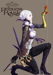  1ji45fun atropos boots choker commentary_request copyright_name female gloves greek_mythology hands highres on_one_knee open_mouth original princess_royale profile purple_eyes scissors solo white_hair 