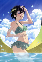  :d absurdres banana_boat bikini black_hair blush bokura_wa_minna_kawaisou brown_eyes cloud day female frilled_bikini frills green_bikini hand_on_own_head highres kawai_ritsu navel non-web_source nyantype official_art open_mouth outdoors polka_dot polka_dot_bikini short_hair sky smile solo swimsuit water 