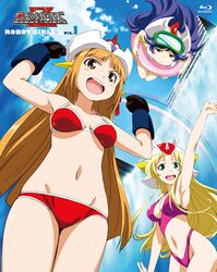  3girls armpits bad_link bikini blonde_hair blue_hair brown_hair gre-chan grenda-san highres jpeg_artifacts long_hair mecha_musume midriff multiple_girls navel official_art red_bikini robot_girls_z swimsuit z-chan 