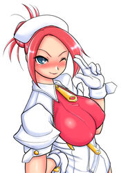  blue_eyes blush breasts garnet garnet_(rumble_fish) green_eyes highres kinbou_sokai konmori_(kinbou_sokai) large_breasts nurse pink_hair red_hair rumble_fish the_rumble_fish wink zipper 