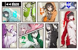  4girls 5boys alternate_costume amamiya_hibiya aqua_jacket arm_up blue_jacket border buckle can chains character_name close-up closed_mouth collage commentary_request copyright_name daze_(kagerou_project) ene_(kagerou_project) facing_away facing_viewer from_behind green_jacket head_out_of_frame headphones highres holding holding_can holding_paint_roller hood hood_down hood_up hooded_jacket impact_(font) jacket kagerou_project kano_shuuya kido_tsubomi kisaragi_momo kisaragi_shintarou konoha_(kagerou_project) kozakura_marry long_hair long_sleeves looking_ahead looking_at_viewer multicolored_clothes multicolored_jacket multiple_boys multiple_girls numbered open_mouth orange_jacket out_of_frame paint paint_roller paint_splatter paint_splatter_on_face partially_colored pink_jacket purple_jacket red_eyes red_jacket rewind_button short_hair sleeves_past_elbows sleeves_pushed_up smile spray_can spray_paint teeth tknsh_(takanashi_10) two-tone_jacket upper_body upper_teeth_only white_border white_jacket 