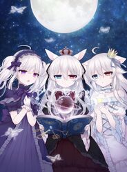  3girls :o ahoge alice_claudia animal_ears bad_id bad_pixiv_id book bug butterfly cat_ears chestnut_mouth crown dress full_moon hairband heterochromia highres lolita_hairband long_hair mole moon multiple_girls night night_sky open_book original rolo_noir sky star_(sky) starry_sky tsukikage_nemu white_hair yves_astroel 