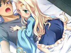  bed blonde_hair blush cg game_cg green_eyes hongou_kazuto koihime_musou lolicon long_hair sitting teiiku 