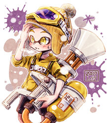  1boy ? bad_id bad_pixiv_id black_shorts blonde_hair breath dated goggles goggles_on_headwear hand_on_head hand_on_own_head harutarou_(orion_3boshi) hat highres holding holding_weapon hood hoodie inkling inkling_boy inkling_player_character long_sleeves male_focus mini_splatling_(splatoon) paint_splatter pointy_ears print_shirt shirt shorts sleeves_pushed_up splatoon_(series) splatoon_1 standing weapon yellow_eyes yellow_hat yellow_shirt 