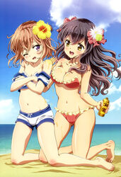  1boy absurdres beach bikini blush bow brown_hair bulge cloud day female flower hair_flower hair_ornament hairbow hibiscus highres kanojo_ga_flag_wo_oraretara long_hair lotion mahougasawa_akane non-web_source nyantype official_art one_eye_closed open_mouth otoko_no_ko outdoors sky straight striped_bikini striped_clothes sunscreen swimsuit touzokuyama_megumu yellow_eyes 