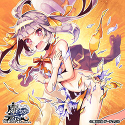  :o ahoge ame_erika banned_artist bare_shoulders bow breasts cape_removed covering covering_breasts hat hat_bow hat_removed headwear_removed long_hair looking_at_viewer magical_girl medium_breasts navel official_art orange_background orange_bow pink_eyes purple_hair shirt_removed solo the_caster_chronicles torn_clothes white_hat 