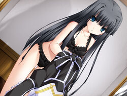  800x600 alcot black black_hair black_panties blue_eyes bra cg changing dutch_angle eroge female frilled_panties frills game_cg indoors lingerie long_hair looking_at_viewer maya_(triptych) nimura_yuuji panties pantsu solo standing thigh_gap thighs triptych underwear undressing 