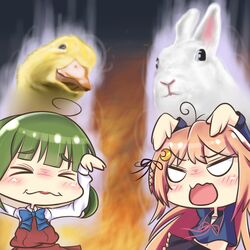  2girls animal animal_pose aura bird closed_eyes commentary_request duck hands_on_own_head highres kantai_collection luci_ole multiple_girls rabbit takanami_(kancolle) uzuki_(kancolle) 