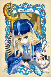  bow commentary_request feline female highres kanna_(plum) pixiv_alice_in_under_world rabbit revision solo staff tarot tarot_(medium) the_hierophant_(tarot) 