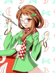  ahoge bracelet brown_hair checkered_clothes checkered_scarf clenched_hand coat commentary_request eyelashes female fingernails futatsuiwa_mamizou futatsuiwa_mamizou_(human) glasses grin hair_ornament haori japanese_clothes jewelry kiseru leaf_hair_ornament one_eye_closed orange_eyes patterned_background pom_pom_(clothes) scarf sharp_fingernails short_hair sidelocks skirt smile smoking_pipe solo touhou white_background wrist_flexed yuran_(kuen-hien) 