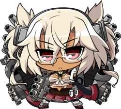  :&lt; absurdres blonde_hair breasts cannon chibi closed_mouth commentary dark-skinned_female dark_skin english_commentary female full_body glasses hair_between_eyes hairband headgear highres holding kantai_collection machinery medium_breasts musashi_(kancolle) nakkinya red_eyes rimless_eyewear sarashi solo standing transparent_background v-shaped_eyebrows 