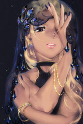  bad_id bad_pixiv_id blonde_hair bracelet choker dark-skinned_female dark_skin female jewelry juby long_hair nail_polish open_mouth original red_eyes simple_background solo veil 