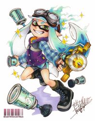  artist_name aura barcode bike_shorts black_footwear black_shorts blue_hair blue_shirt blunt_bangs bomb_rush_(splatoon) boots burst_bomb_(splatoon) commentary_request cross-laced_footwear female foreshortening full_body goggles goggles_on_head green_eyes green_hair grin holding holding_weapon inkling inkling_girl inkling_player_character isamu-ki_(yuuki) jacket long_hair long_sleeves looking_at_viewer marker_(medium) plaid plaid_shirt pointy_ears purple_jacket shadow sharp_teeth shirt shorts signature single_vertical_stripe sleeveless sleeveless_jacket smile solo sparkle splash-o-matic_(splatoon) splatoon_(series) splatoon_1 standing teeth tentacle_hair traditional_media twitter_username weapon white_background 