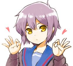  :o bad_id bad_pixiv_id blue_sailor_collar brown_cardigan cardigan female hand_gesture heart isshiki_tarou kita_high_school_uniform long_sleeves looking_at_viewer nagato_yuki parted_lips purple_hair sailor_collar school_uniform serafuku short_hair simple_background solo suzumiya_haruhi_no_yuuutsu teeth white_background winter_uniform yellow_eyes 