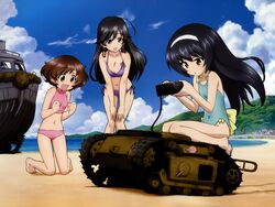  3girls ahoge akiyama_yukari anglerfish barefoot beach bikini black_eyes black_hair blue_one-piece_swimsuit blush_stickers boat brown_eyes brown_hair caterpillar_tracks cloud controller day drone emblem explosive fish girls_und_panzer goliath_tracked_mine hairband halterneck hands_on_own_knees highres isuzu_hana kneeling land_wasser_schlepper leaning_forward long_hair military military_vehicle mine_(weapon) motor_vehicle multiple_girls ocean official_art one-piece_swimsuit open_mouth outdoors pink_bikini purple_bikini reizei_mako remote_control remote_control_vehicle short_hair side-tie_bikini_bottom sky smile squatting standing sugimoto_isao swimsuit tank thigh_gap watercraft 