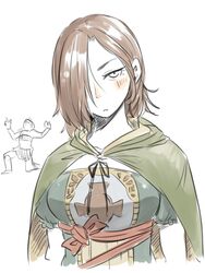  breasts brown_hair cape cloak commentary_request dark_souls_(series) dark_souls_ii emerald_herald female hair_over_one_eye hood hood_down hooded_cloak large_breasts long_hair looking_at_viewer ponke 