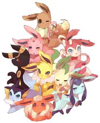  2016 all_nine_eeveelutions blush bodily_fluids closed_eyes drooling eevee eeveelution espeon feral flareon fur generation_1_pokemon generation_2_pokemon generation_4_pokemon generation_6_pokemon glaceon group hi_res jolteon leafeon looking_at_viewer lying mammal nintendo nukochi one_eye_closed open_mouth pokemon pokemon_(species) saliva side_view simple_background smile sylveon tired umbreon vaporeon white_background 