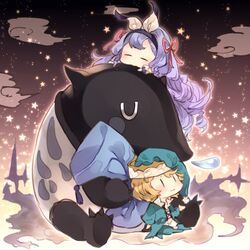  1boy animal asada_sadao bad_id bad_pixiv_id blonde_hair blue_eyes brother_and_sister chibi closed_eyes female granblue_fantasy hat ikelos long_hair looking_up mini_person miniboy minigirl morphe_(granblue_fantasy) nightcap pajamas phoebe_(granblue_fantasy) pillow pom_pom_(clothes) purple_hair siblings sleeping star_(symbol) tapir 