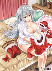  :3 absurdres ahoge ange_vierge belt boots breasts cleavage commentary_request curtains dress_shirt female fur_trim hat heart heart-shaped_pillow heart_belt highres kurowana large_breasts mittens nya_lapucea official_art pillow plant potted_plant santa_costume santa_hat shirt sitting solo sweatdrop unworn_boots unworn_hat unworn_headwear white_shirt 