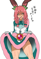  animal_ears dress_lift duel_monster female gloves juunishishi_rabbina pink_hair rabbit_ears tensama_(ten2009) text yu-gi-oh! 