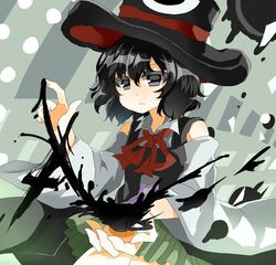  1other androgynous black_hair commentary_request danmaku detached_sleeves enraku_tsubakura evanescent_existence grey_eyes hat ink kijipoko large_hat len&#039;en other_focus outstretched_arm red_ribbon ribbon short_hair shorts solo tabi top_hat 