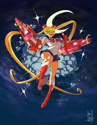  arm_cannon bishoujo_senshi_sailor_moon blonde_hair blue_sailor_collar blue_skirt boots bow breasts choker crescent crescent_moon double_bun dual_wielding highres holding karla_diaz_castro knee_boots long_hair magical_girl mecha_musume medium_breasts moon red_bow sailor_collar sailor_moon sailor_senshi_uniform shooting_glasses skin_tight skirt solo tiara tsukino_usagi twintails weapon 