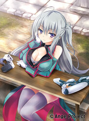  absurdres ahoge ange_vierge bare_shoulders breasts cleavage commentary_request female grey_hair highres kurowana large_breasts long_hair looking_at_viewer nya_lapucea purple_eyes solo 