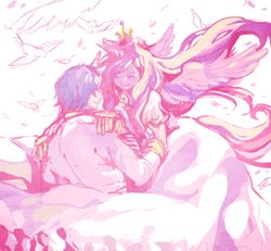  1boy bird blue_hair cadance_(my_little_pony) closed_eyes commentary couple dress female horns husband_and_wife long_hair matsusaka multicolored_hair my_little_pony my_little_pony:_friendship_is_magic personification shining_armor single_horn straight tiara wedding_dress 