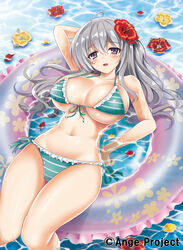  absurdres ahoge ange_vierge aqua_bikini bare_shoulders bikini breasts cleavage commentary_request female flower front-tie_top green_bikini grey_hair hair_flower hair_ornament highres innertube kurowana large_breasts long_hair looking_at_viewer lying navel nya_lapucea on_back partially_submerged purple_eyes side-tie_bikini_bottom solo strap_gap striped_bikini striped_clothes sweatdrop swim_ring swimsuit wet 