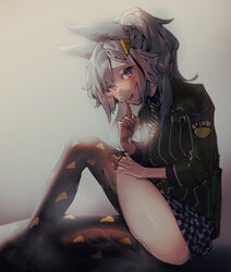  animal_ears arknights black_pantyhose blue_skirt blush bulge checkered_clothes checkered_skirt clothes_pull collared_shirt commentary_request covered_penis drooling erection erection_under_clothes female finger_to_mouth food-themed_hair_ornament futanari grani_(arknights) grani_(miraculous_moment)_(arknights) green_shirt grey_hair hair_ornament highres horse_ears knee_up long_hair looking_at_viewer mirin_chikuwa necktie no_tail official_alternate_costume pantyhose pantyhose_pull penis penis_in_thighhigh ponytail purple_eyes shirt shushing sitting skirt solo striped striped_necktie undressing white_skirt yellow_necktie 