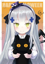  aged_down animal apron assault_rifle black_apron black_cat black_hairband black_ribbon chicamort collared_shirt commentary_request dated facial_mark feline female frilled_apron frilled_sleeves frills girls&#039;_frontline gradient_background green_eyes grey_hair gun gun_on_back h&amp;k_hk416 hair_ornament hair_ribbon hairband halloween hat hk416_(black_kitty&#039;s_gift)_(girls&#039;_frontline) hk416_(girls&#039;_frontline) holding holding_animal holding_cat light_blush long_hair long_sleeves looking_at_viewer mini_hat official_alternate_costume orange_background paw_print ribbon rifle shirt smile solo upper_body very_long_hair weapon weapon_on_back white_shirt 