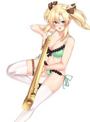  absurdres bare_shoulders blonde_hair bra breasts commentary_request feet_out_of_frame female green_bra green_eyes green_panties gun highres holding holding_gun holding_weapon keigen_hichou large_breasts long_hair looking_at_viewer navel panties regina_mercedes seiken_gakuin_no_maken_tsukai side-tie_panties simple_background thighhighs twintails underwear underwear_only weapon white_background white_thighhighs 