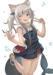  absurdres animal_ear_fluff animal_ears bag blue_bag blue_eyes blue_hair blue_nails blush bubble cat_ears collarbone female fingernails fins fish_bone fish_tail frills gawr_gura gawr_gura_(casual) grey_hair hair_ornament highres hololive hololive_english multicolored_hair official_alternate_costume one_eye_closed open_mouth shark_girl shark_tail sharp_teeth side_ponytail simple_background solo stitches streaked_hair tail teeth tsuiru upper_teeth_only v virtual_youtuber 