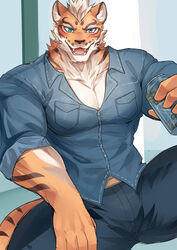  5_fingers anthro beverage_can blue_bottomwear blue_clothing blue_eyes blue_pants blue_shirt blue_topwear blush bottomwear can chung0_0 clothed clothing container countershading deity felid fingers fur hi_res holding_can holding_container holding_object lin_hu looking_at_viewer male mammal muscular muscular_anthro muscular_male nekojishi open_mouth open_smile orange_body orange_fur pantherine pants pecs shirt smile solo studio_klondike tiger topwear 