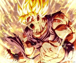  1boy angry aura bad_id bad_pixiv_id bare_arms bare_shoulders biceps blonde_hair clenched_hands collarbone commentary derivative_work dougi dragon_ball dragon_ball_z fighting_stance foreshortening frown furious glowing glowing_hair looking_to_the_side male_focus mature_male muscular muscular_male open_mouth pectoral_cleavage pectorals sekitsuki_hayato shirt short_hair sleeveless solo son_goku spiked_hair super_saiyan super_saiyan_1 torn_clothes torn_shirt upper_body veins 