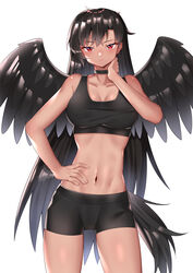  absurdres ailu_elf alternate_costume black_hair black_sports_bra black_wings blush breasts cleavage closed_mouth collarbone commentary_request cowboy_shot female hair_down hand_on_own_hip highres horse_girl horse_tail kurokoma_saki looking_at_viewer medium_breasts midriff navel no_headwear red_eyes solo sports_bra stomach tail tan touhou underwear wings 