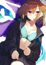  black_sailor_collar black_serafuku black_shirt black_skirt blue_bra blush bra braid breasts brown_hair closed_mouth commentary_request female hat kamizaki_hibana long_sleeves looking_at_viewer lying medium_breasts medium_hair on_back open_clothes open_shirt orange_hair original pleated_skirt purple_eyes sailor_collar school_uniform serafuku shirt skirt sleeve_cuffs solo teena_(kamizaki_hibana) unbuttoned underwear undressing witch_hat 