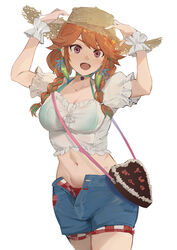  arms_up bag bra braid breasts checkered_clothes choker cleavage collarbone denim denim_shorts earrings feather_earrings feathers female frills gradient_background green_bra green_choker green_hair hat hatching_(texture) heart highres hololive hololive_english jewelry long_hair midriff multicolored_hair navel official_alternate_costume open_mouth orange_hair puffy_sleeves purple_eyes see-through shorts simple_background solo straw_hat takanashi_kiara takanashi_kiara_(casual) tsuiru twintails unbuttoned underwear virtual_youtuber white_background 