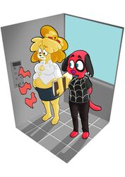  absurd_res animal_crossing anthro belly big_belly big_breasts book bottomwear breast_size_difference breasts button_(fastener) canid canine canis cherry_(animal_crossing) cleavage clothed clothing digital_media_(artwork) domestic_dog dress_shirt duo elevator emanata female hand_on_belly hand_on_own_belly hands_behind_back hi_res holding_book holding_object isabelle_(animal_crossing) looking_aside looking_at_another looking_at_belly mammal navel nintendo overweight overweight_female pencil_skirt pink_nose rumbling_stomach shirt skirt straining_buttons strawberrywith4 topwear wardrobe_malfunction worried 