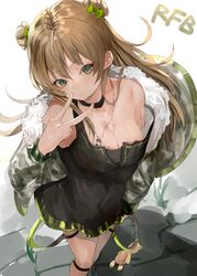  bad_id bad_pixiv_id bare_shoulders black_choker black_dress blonde_hair bow breasts camouflage camouflage_jacket character_name choker cleavage closed_mouth double_bun dress female from_above girls&#039;_frontline green_bow green_eyes hair_bun hairbow highres holding jacket jacket_on_shoulders jewelry kurokawa_(kurokashi655) large_breasts long_hair looking_at_viewer necklace rfb_(girls&#039;_frontline) solo standing white_background 