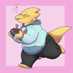  1:1 alphys anthro barefoot belly big_breasts blue_clothing blue_hoodie blue_topwear blush bottomwear bowl breasts buckteeth chopsticks chub-united closed_eyes clothed clothing container eyewear feet female food fully_clothed glasses happy heart_symbol hi_res holding_bowl holding_container holding_food holding_object holding_ramen hoodie lizard love_handles musical_note navel_outline non-mammal_breasts noodles obese obese_anthro obese_female overweight overweight_anthro overweight_female pants ramen reptile running scalie side_view simple_background smile solo sweatshirt tail teeth thick_tail thick_thighs tight_clothing tight_hoodie tight_sweatshirt tight_topwear topwear undertale undertale_(series) wide_hips 