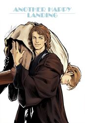  2boys anakin_skywalker ass beard blue_eyes blush brown_hair closed_mouth facial_hair juliacross male_focus multiple_boys obi-wan_kenobi scar scar_across_eye signature simple_background smile star_wars star_wars:_revenge_of_the_sith white_background yaoi 