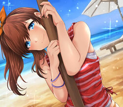  beach bench bikini bikini_bottom_only blue_eyes blue_sky blush bracelet breasts brown_hair day female hair_between_eyes hair_ribbon hanamasa_ono highres idolmaster idolmaster_million_live! jewelry light_particles long_hair looking_at_viewer no_pants ocean orange_bikini orange_ribbon outdoors pole ponytail red_shirt ribbon sand satake_minako shirt sky sleeveless sleeveless_shirt smile solo sparkle striped_clothes striped_shirt swimsuit umbrella upper_body water 