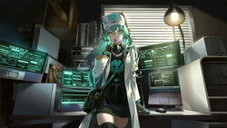  antonina_(neural_cloud) aqua_hair bag black_dress bracelet candy coat commentary_request computer computer_mouse cowboy_shot desk dress female food girls&#039;_frontline girls&#039;_frontline_neural_cloud gloves hair_between_eyes hat headphones highres jewelry lab_coat lamp laptop lino_chang lollipop long_hair looking_at_viewer mask mask_around_neck monitor parted_lips respirator shoulder_bag skull_print solo thighhighs white_coat window_blinds yellow_eyes zettai_ryouiki 