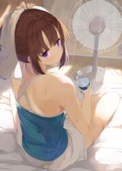  arm_up bare_shoulders barefoot blue_shirt bottle brown_hair closed_mouth commentary criss-cross_halter electric_fan female halterneck holding holding_bottle indoors kamizaki_hibana looking_at_viewer looking_back original purple_eyes shirt short_hair shorts sidelocks sitting solo spaghetti_strap towel towel_on_head water_bottle white_shorts 