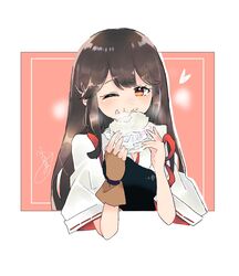  akagi_(kancolle) blush brown_eyes brown_gloves brown_hair closed_mouth eating female food food_on_face furochia gloves hair_between_eyes heart highres holding holding_food japanese_clothes kantai_collection long_hair muneate one_eye_closed onigiri partially_fingerless_gloves signature smile solo tasuki upper_body yugake 