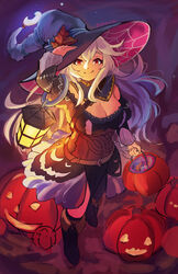  alternate_costume artist_name breasts cleavage commentary corrin_(female)_(fire_emblem) corrin_(fire_emblem) female fire_emblem fire_emblem_fates food hair_between_eyes halloween halloween_costume hat highres holding holding_food holding_pumpkin holding_vegetable jack-o&#039;-lantern lantern large_breasts large_hat long_hair looking_at_viewer night pumpkin red_eyes solo spiffydc vegetable very_long_hair white_hair witch_hat 