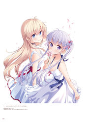  2017 2girls black_choker blonde_hair blue_eyes bow breasts choker cleavage closed_mouth collarbone downblouse dress floating_hair flower grey_hair hair_between_eyes hairbow halterneck highres holding holding_flower long_hair looking_at_viewer multiple_girls new_game! official_art page_number pink_bow purple_eyes red_bow sleeveless sleeveless_dress small_breasts smile standing straight_hair sundress suzukaze_aoba tokunou_shoutarou very_long_hair white_background white_dress yagami_kou 