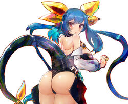  ass ass_focus back breasts byte_(grunty-hag1) choker commentary_request detached_sleeves dizzy_(guilty_gear) female guilty_gear guilty_gear_x guilty_gear_xx hair_ribbon large_breasts long_hair long_sleeves looking_at_viewer looking_back low_twintails monster_girl open_mouth puffy_long_sleeves puffy_sleeves red_eyes ribbon solo tail tail_ornament tail_ribbon twintails white_background yellow_ribbon 